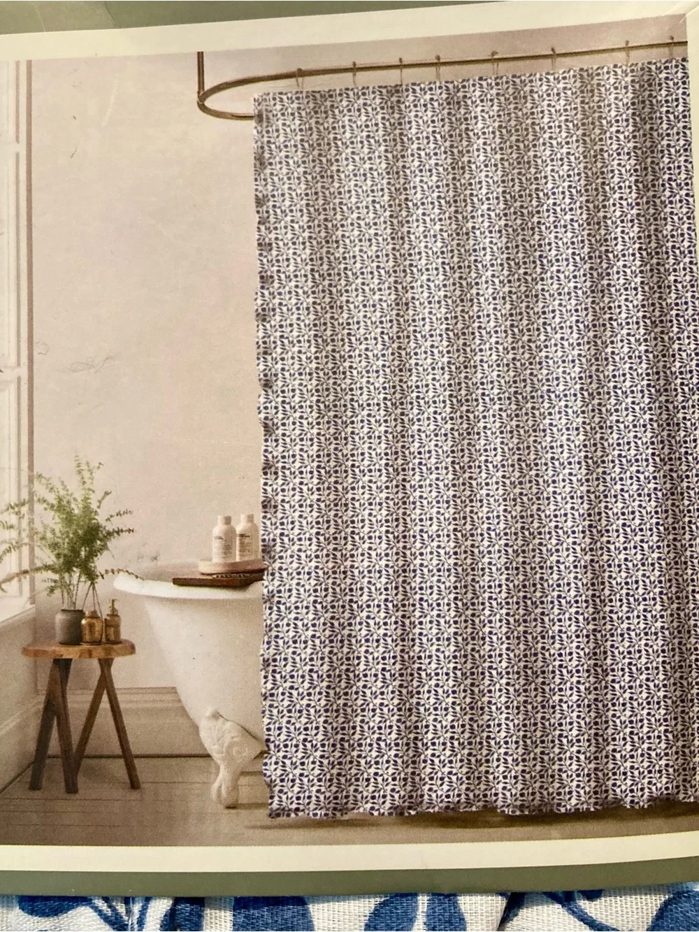 NWT Morris and Co 100% cotton gauze shower curtain-blue/white pattern “Rosehip”